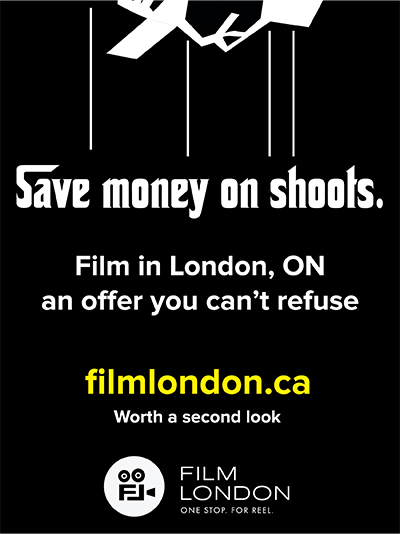 A poster that invokes the appearance of the original GodFather poster. All black with the text: Save Money on Shoots. Film in London, ON an offer you can't refuse. filmlondon.ca. Worth a second look. With the Film London logo and the tag line, One Stop. For Reel.