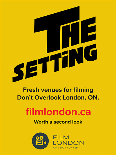A poster that invokes the appearance of the original Shining Poster. Bright yellow with the text: The Setting. Fresh venues for filming. Don't Overlook, London, ON. filmlondon.ca. Worth a second look. With the Film London logo and the tag line, One Stop. For Reel.